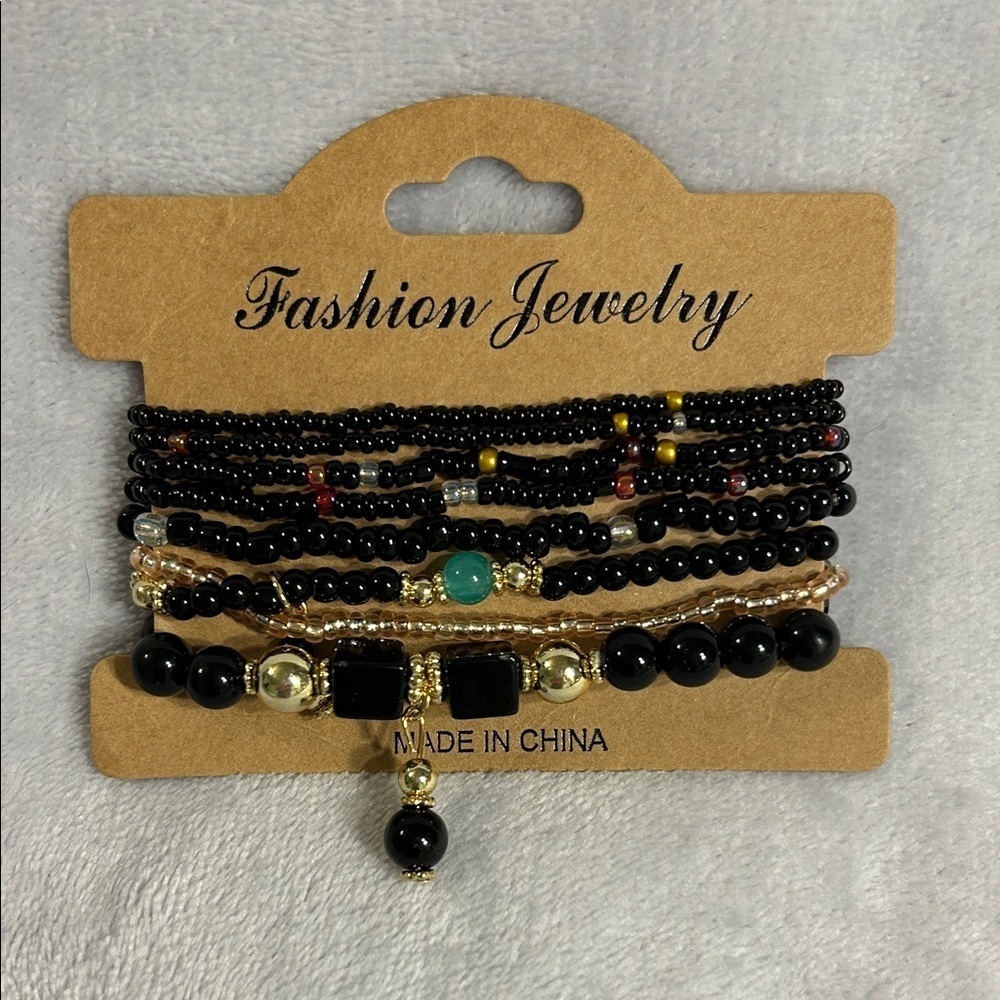 Fashion Jewelry Black and Gold Beaded Bracelet Set NWOT